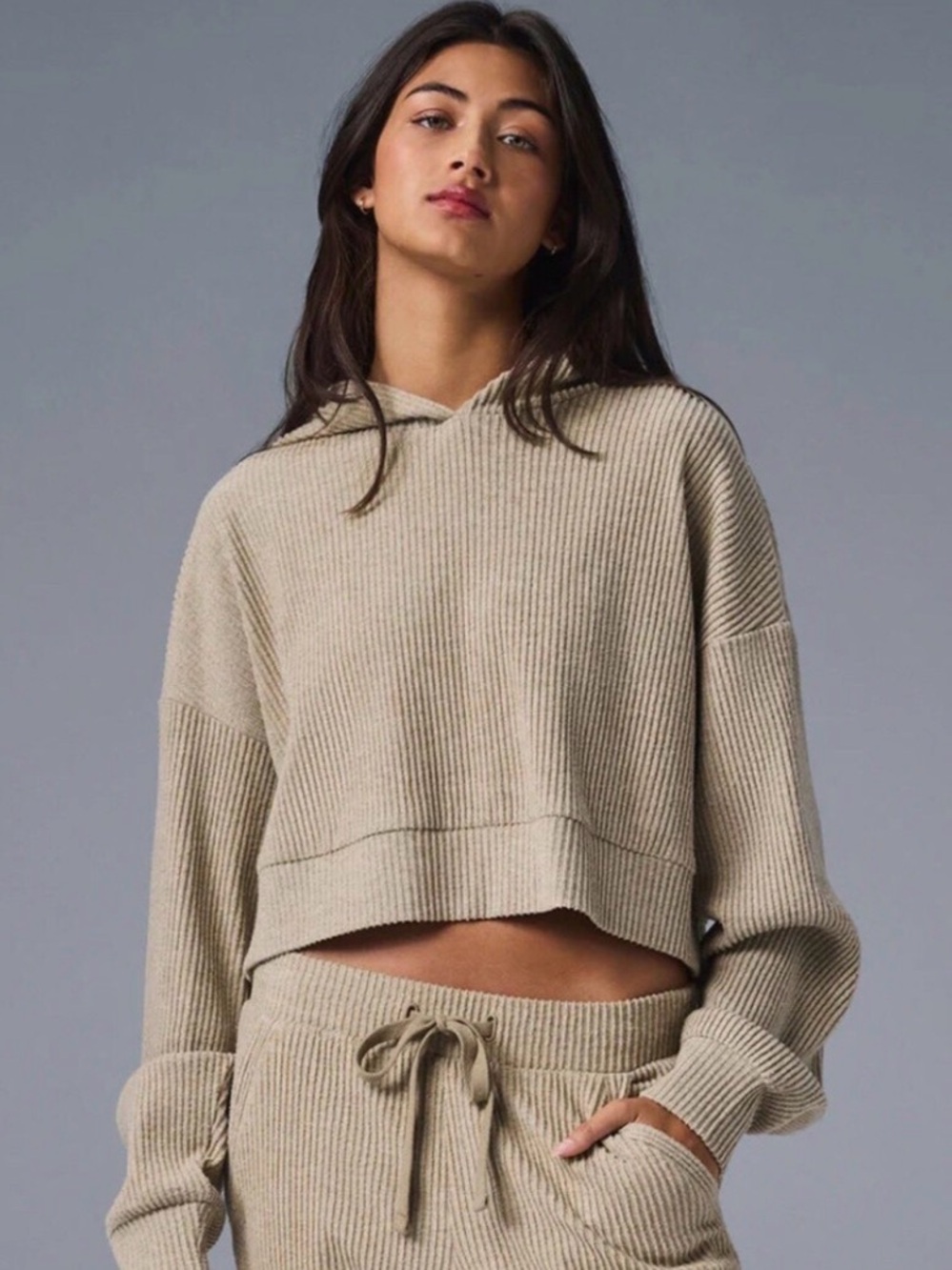ALO Yoga Ribbed Hooded Crop Sweatshirt in Light Beige
